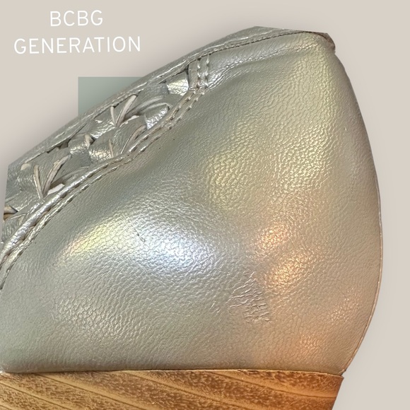 BCBGenervation Tylar Silver Woven Open Toe Wedge Heel - Size 6.5 - Picture 16 of 16